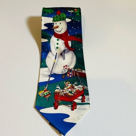 Parquet Golfing Snowman Men's Necktie Holidays Christmas 100% Silk - Picture 1 of 6